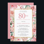 Pink Rose and Hydrangea Floral 80th Birthday Invitation<br><div class="desc">Beautiful pink roses and hydrangea flowers create a very pretty and feminine 80th Birthday invitation. Deep red berries complete the floral display. They are all nestled in sage and mint green leaves. A gold frame surrounds your 80th birthday party details. They are written on a white rectangle to make them...</div>