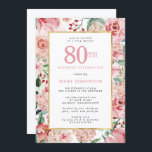 Pink Rose and Hydrangea Floral 80th Birthday Invitation<br><div class="desc">Beautiful pink roses and hydrangea flowers create a very pretty and feminine 80th Birthday invitation. Deep red berries complete the floral display. They are all nestled in sage and mint green leaves. A gold frame surrounds your 80th birthday party details. They are written on a white rectangle to make them...</div>