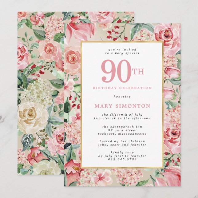 Pink Rose and Hydrangea Floral 90th Birthday Invitation (Front/Back)