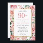 Pink Rose and Hydrangea Floral 90th Birthday Invitation<br><div class="desc">Beautiful pink roses and hydrangea flowers create a very pretty and feminine 90th Birthday invitation. Deep red berries complete the floral display. They are all nestled in sage and mint green leaves. A gold frame surrounds your 90th birthday party details. They are written on a white rectangle to make them...</div>
