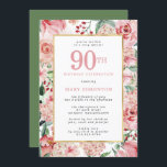 Pink Rose and Hydrangea Floral 90th Birthday Invitation<br><div class="desc">Beautiful pink roses and hydrangea flowers create a very pretty and feminine 90th Birthday invitation. Deep red berries complete the floral display. They are all nestled in sage and mint green leaves. A gold frame surrounds your 90th birthday party details. They are written on a white rectangle to make them...</div>