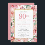 Pink Rose and Hydrangea Floral 90th Birthday Invitation<br><div class="desc">Beautiful pink roses and hydrangea flowers create a very pretty and feminine 90th Birthday invitation. Deep red berries complete the floral display. They are all nestled in sage and mint green leaves. A gold frame surrounds your 90th birthday party details. They are written on a white rectangle to make them...</div>