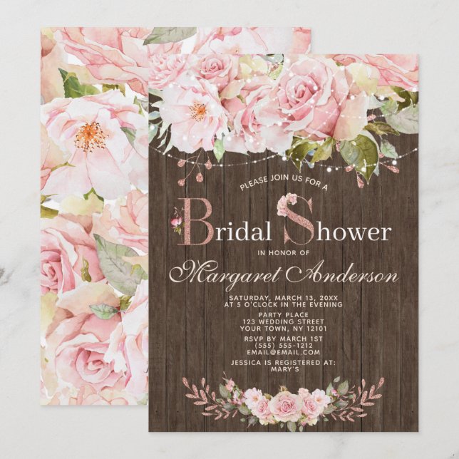 Pink Rose and Lights Wood Bridal Shower Invitation (Front/Back)