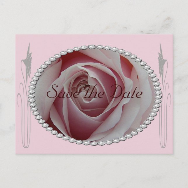Pink Rose and Pearls Save the Date Design Announcement Postcard (Front)