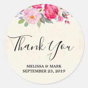 Pink Rose and Peony Border Wedding Thank You Classic Round Sticker