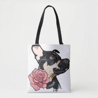 Pink Rose and Puppy Digital Drawing Tote Bag