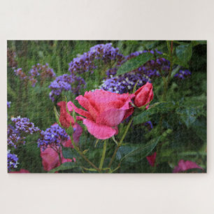 Pink rose and statice in garden jigsaw puzzle