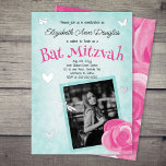 Pink Rose, Aqua Blue, Silver Charms Bat Mitzvah<br><div class="desc">Move around and resize the adorable silver foil features in this bat mitzvah invitation. Butterflies, dragonfly, and hearts surround your photo on this easy to use bat mitzvah template. Pink roses give vintage garden flare with attractive turquoise watercolor textures. Perfect for aqua, blue, aquamarine, cyan birthday party colour palette. Change...</div>