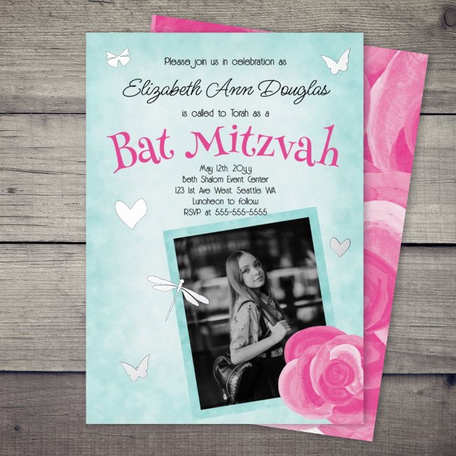 Pink Rose, Aqua Blue, Silver Charms Bat Mitzvah (pink rose aqua blue cute bat mitzvah invitation pink text silver foil dragonflies girlie whimsical)