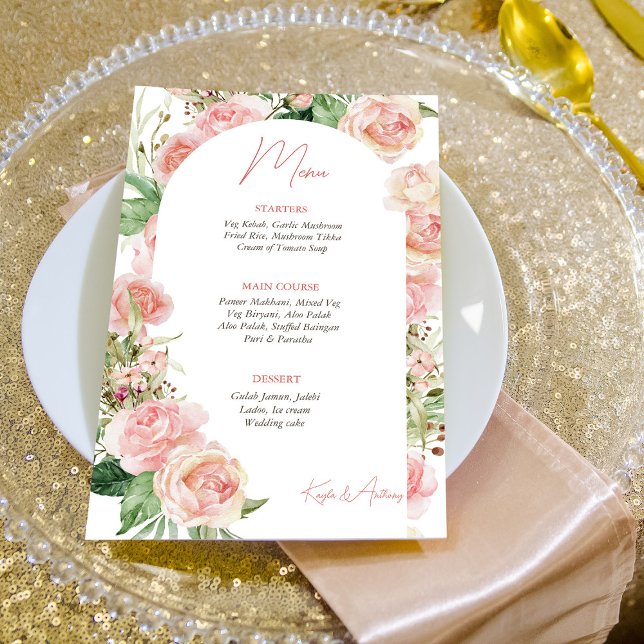 Pink rose arch blush pink floral wedding menu (Creator Uploaded)