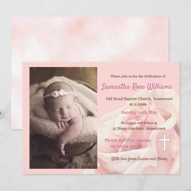 Pink rose baby girl photo Dedication Invitation (Front/Back)