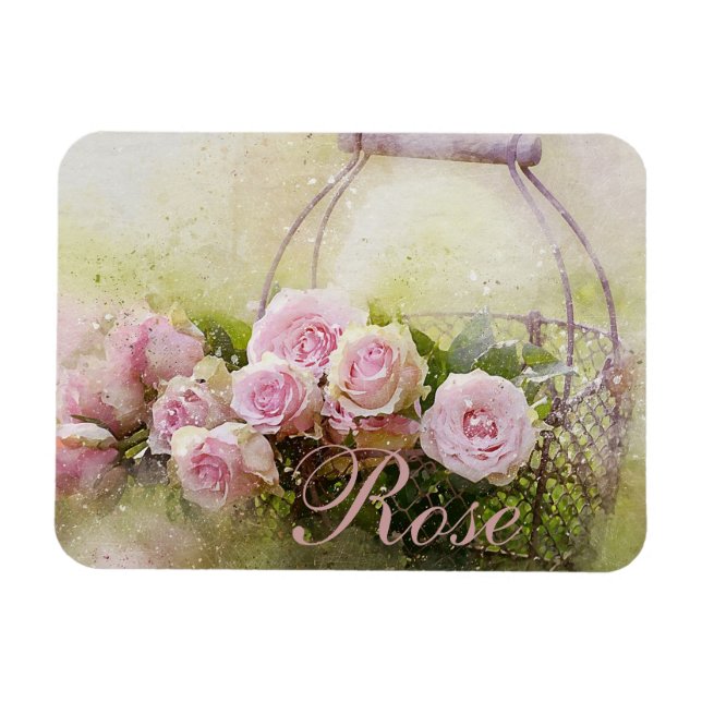 Pink Rose Basket Magnet (Horizontal)
