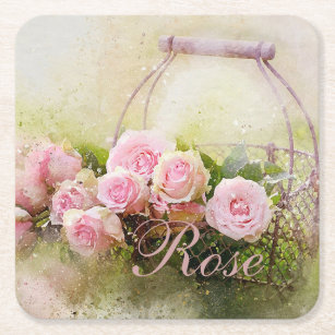 Pink Rose Basket Square Paper Coaster