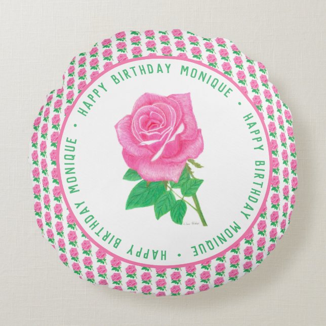 Pink Rose Birthday Round Pillow (Front)