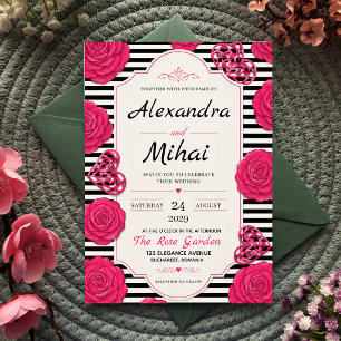 Pink Rose Black and White Stripe Floral Invitation