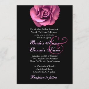 Pink Rose Black Background Wedding Invitation