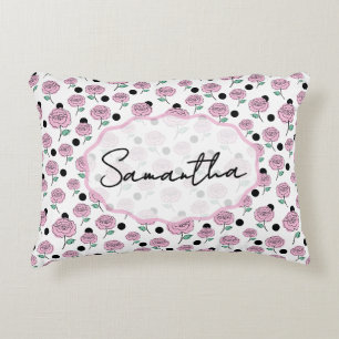 Pink Rose Black Polka Dot Graphic Pattern Modern Accent Pillow
