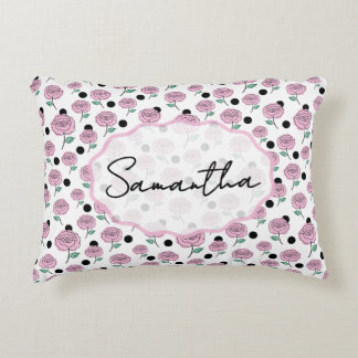 Pink Rose Black Polka Dot Graphic Pattern Modern   Accent Pillow