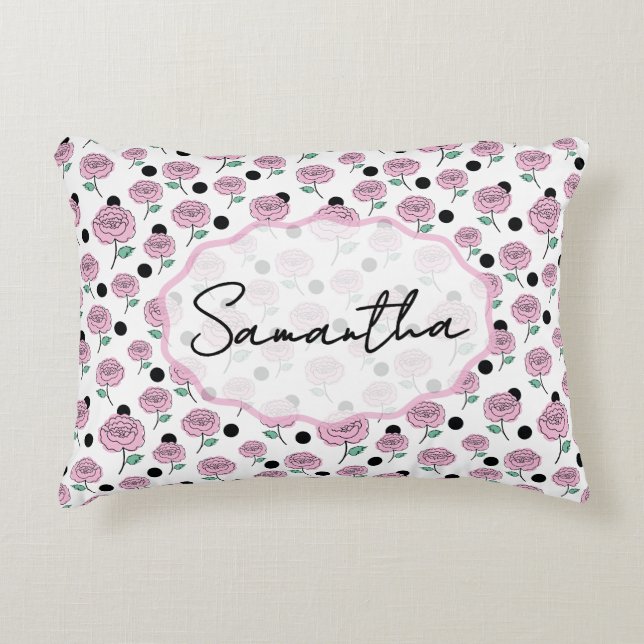 Pink Rose Black Polka Dot Graphic Pattern Modern   Accent Pillow (Front)