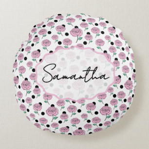 Pink Rose Black Polka Dot Graphic Pattern Modern   Round Pillow