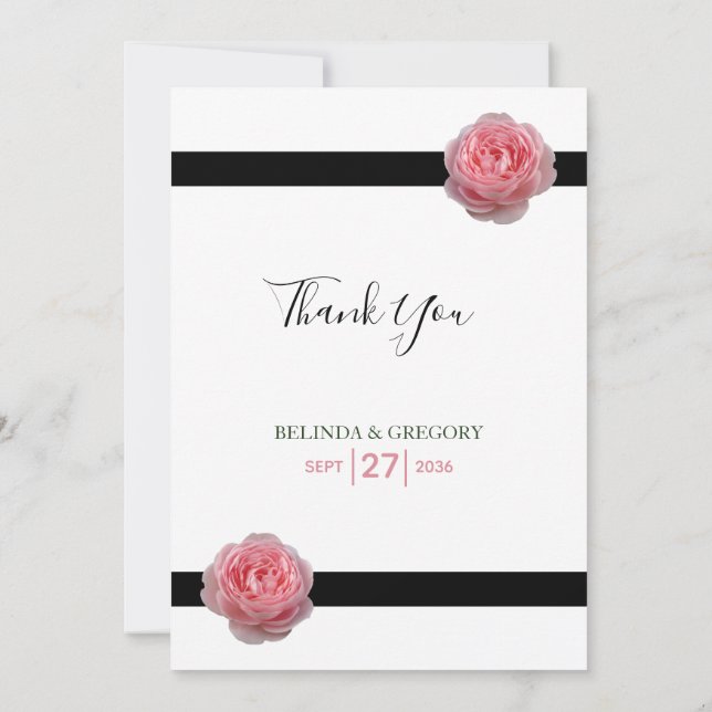 Pink Rose Black Ribbon Wedding  Thank You Card (Back)