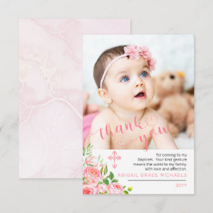 Pink Rose Blooms Baptism Photo Thank You Card