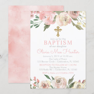 Pink Rose Blooms Girl Baptism Invitation