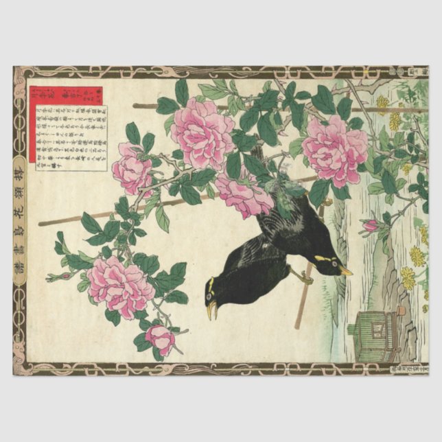 Pink Rose Blossoms & Black Bird Oriental Decoupage Tissue Paper (Front)