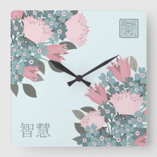 Pink rose blue blossom flowers Asian digital art Square Wall Clock