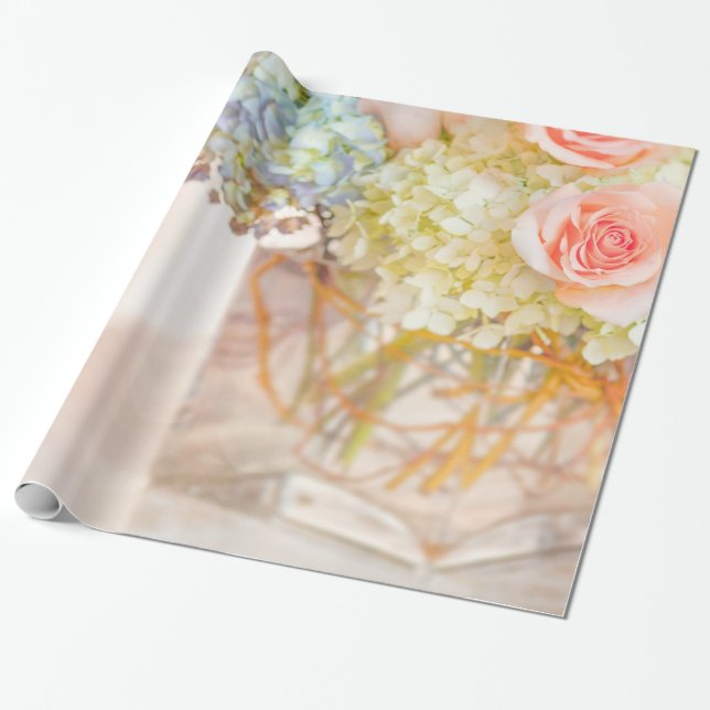 Pink Rose Blue Hydrangea Vase Bouquet Roses Flower Wrapping Paper (Unrolled)
