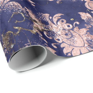 Pink Rose Blue Navy Flowers Grungy Cottage Shabby Wrapping Paper