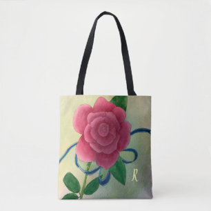 Pink Rose Blue Ribbon Watercolor Monogram Tote Bag