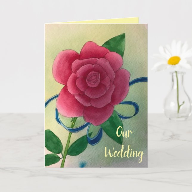 Pink Rose Blue Ribbon Wedding Invitation Cards (Small Plant)