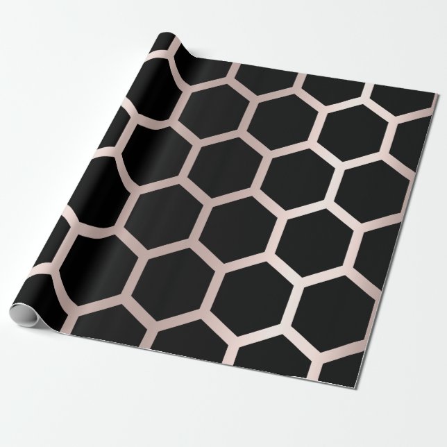 Pink Rose Blush Black Geometry Honeycomb Hexagon Wrapping Paper (Unrolled)