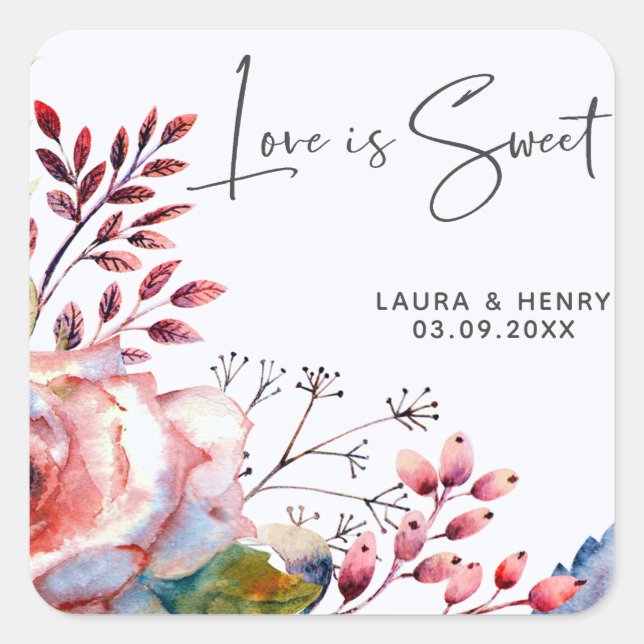 Pink Rose Blush Floral Square Wedding Sticker (Front)