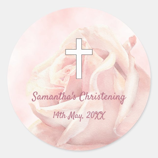 Pink rose blush girl Christening Classic Round Sticker (Front)