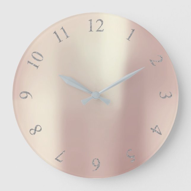 Pink Rose Blush Glitter Grey Silver US UK Numbers Large Clock (Front)