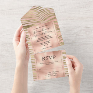 Pink Rose Blush Gold Zebra Animal Print All In One Invitation