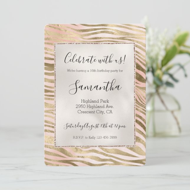 Pink Rose Blush Gold Zebra Animal Print Invitation (Standing Front)