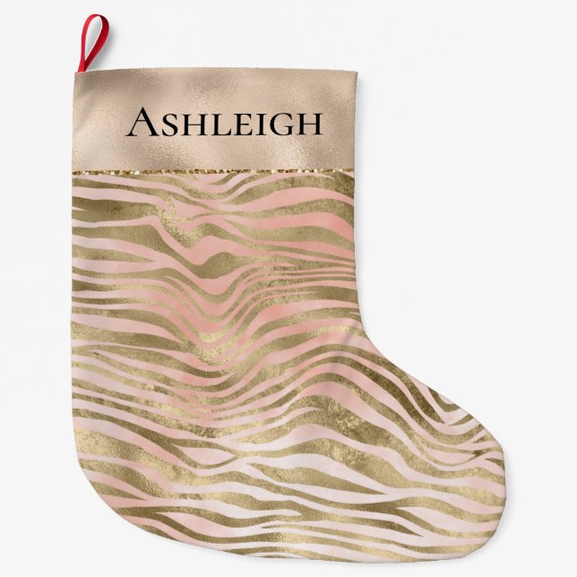 Pink Rose Blush Gold Zebra Animal Print Name    Large Christmas Stocking (Front)