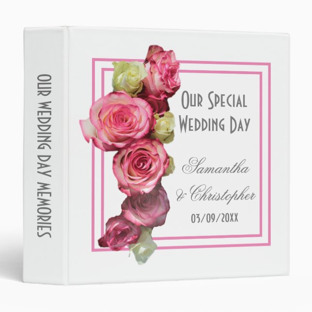 Pink rose border bouquet wedding binder (Front/Spine)