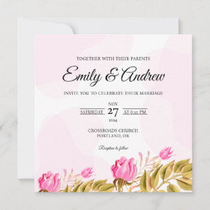 Pink Rose Border Floral Watercolor Square Wedding Invitation