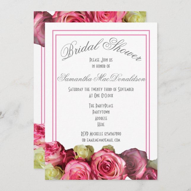 Pink rose border summer bridal shower invitation (Front/Back)