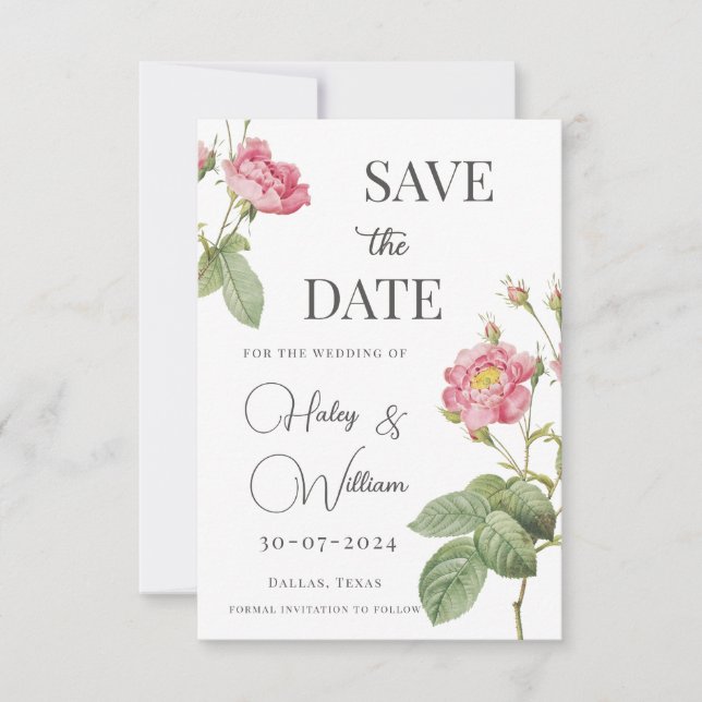 Pink Rose Botanical Floral Chic Save the Date Invitation (Front)