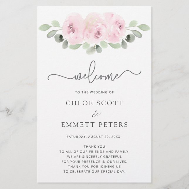 Pink Rose Botanical Mariage Ceremony Programme (Devant)