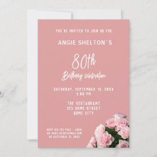Pink Rose Bouquet 80th Birthday Floral Party Invitation