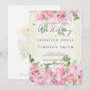 pink rose bouquet and green leaf watercolour invitation