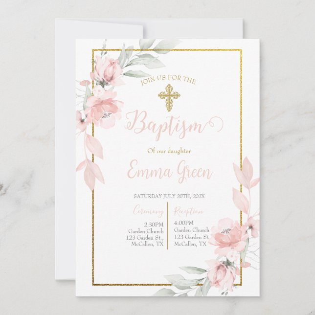 Pink rose bouquet baptême invitation pour fille (Devant)