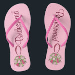 Pink Rose Bouquet Bridesmaid Wedding Flip Flops<br><div class="desc">Flip flops feature an original marker illustration of a pretty pink floral ball wedding bouquet, with BRIDESMAID in a fun font. Perfect for the bridal party! Designer is available to create and upload custom designs to match the colours and themes of your wedding--click "Ask this Designer" to begin the design...</div>
