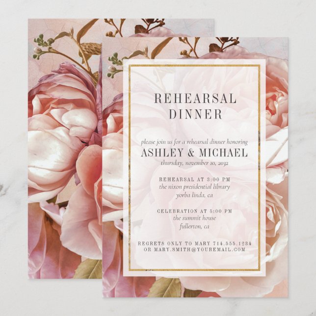 PINK ROSE BOUQUET Elegant Rehearsal Dinner Invitation (Front/Back)